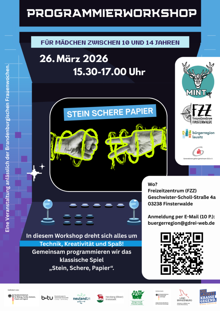 Flyer mit einem illustrierten Spielautomaten mit Stein, Schere, Papier